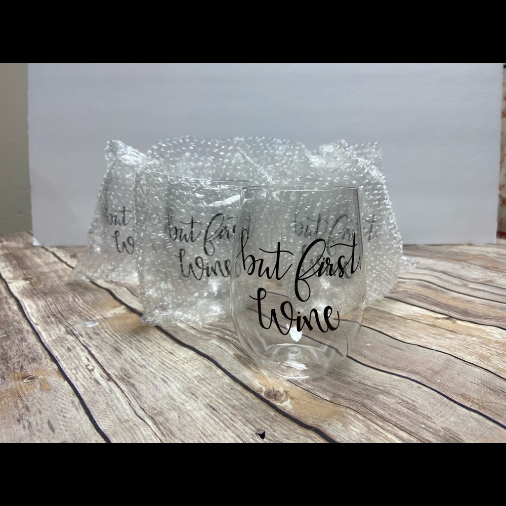 Plastic Stemless 8 Wine Glasses "But First Wine" - Picture 1 of 3